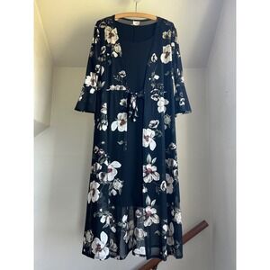 Sirenlily 1X Black Floral Sheer Duster Cardigan Dress 2-Piece‎ Set Dark Fairy